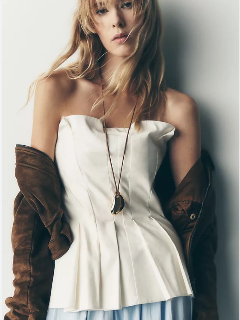 Reformation Ashlyn Pleated Peplum Strapless White Top NWT